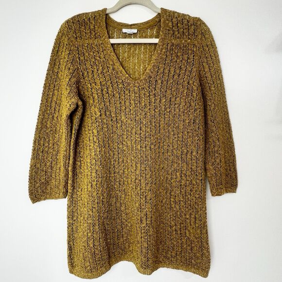 J. Jill Gilded Coin Mustard Yellow Open Knit Sweater Women’s M - Picture 2 of 11